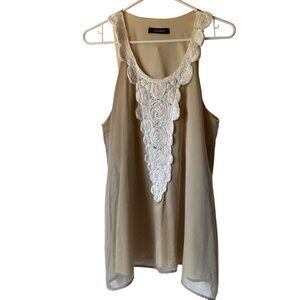 Peridot Beige Sleeveless Top White Ribbon‎ Embroidery Women Size L Flowy Fairy